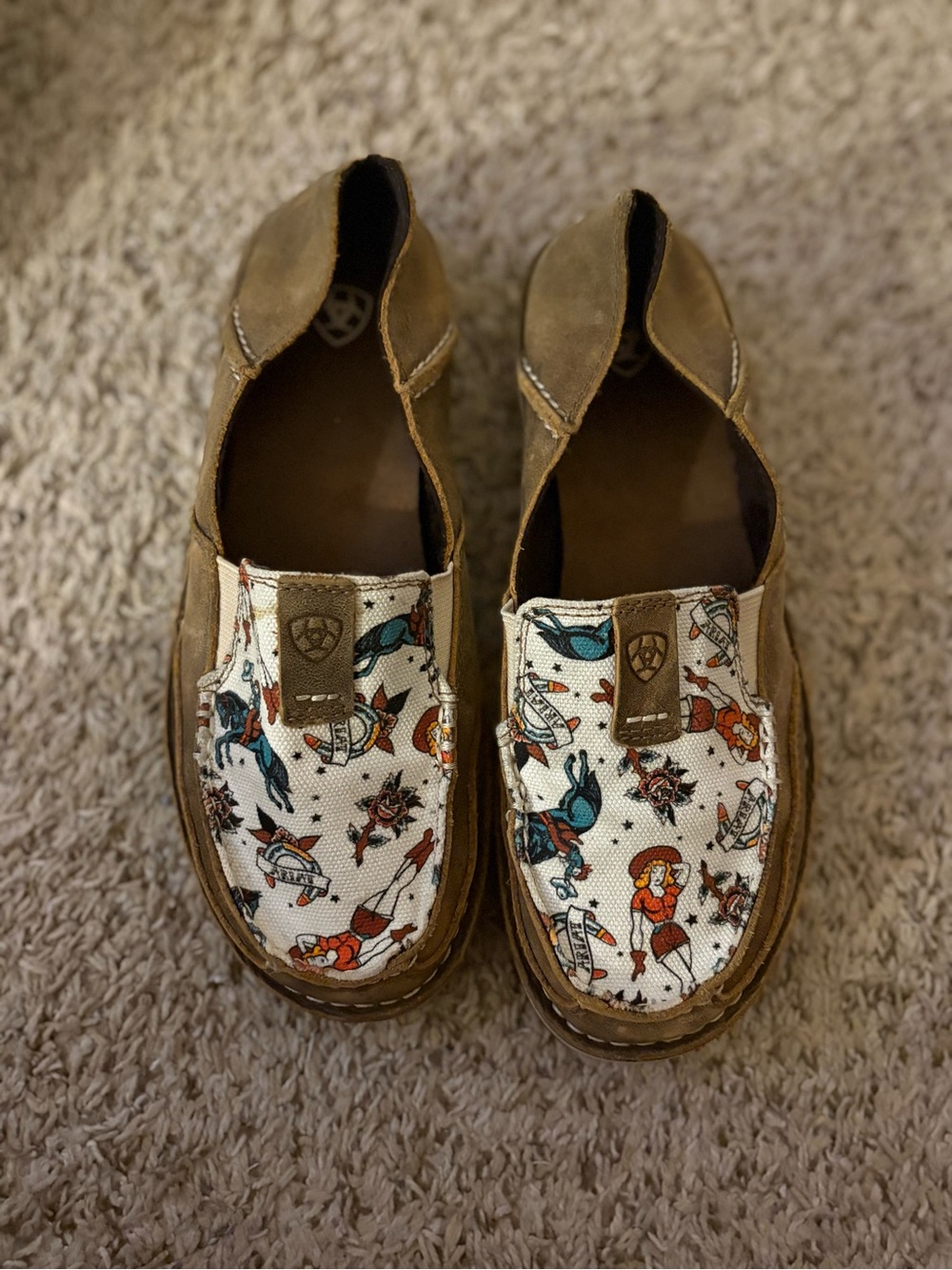 Ariat Brown Suede Slip-On Flats with Multicolor Western Print